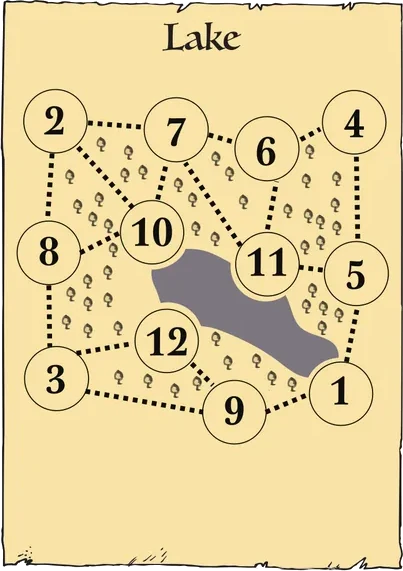 Jezerní mapa: schéma mýtin a cest s čísly mýtin